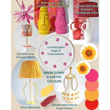 Warm, bright and earthy colours of corals, peach,terracottas and rich mustard yellows